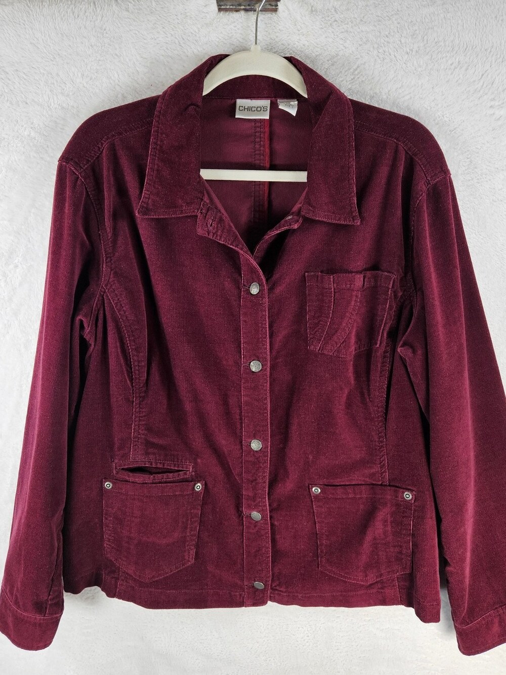 Chico's Corduroy Button-Front Jacket Burgundy Wine 98% Cotton Women's Size Large